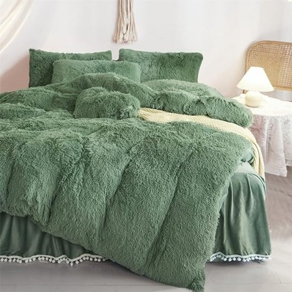 QUEEN ONLY   Fluffy  Comforter Cover Set Faux Fur Green Bedding 3 Pieces… - Picture 5 of 15